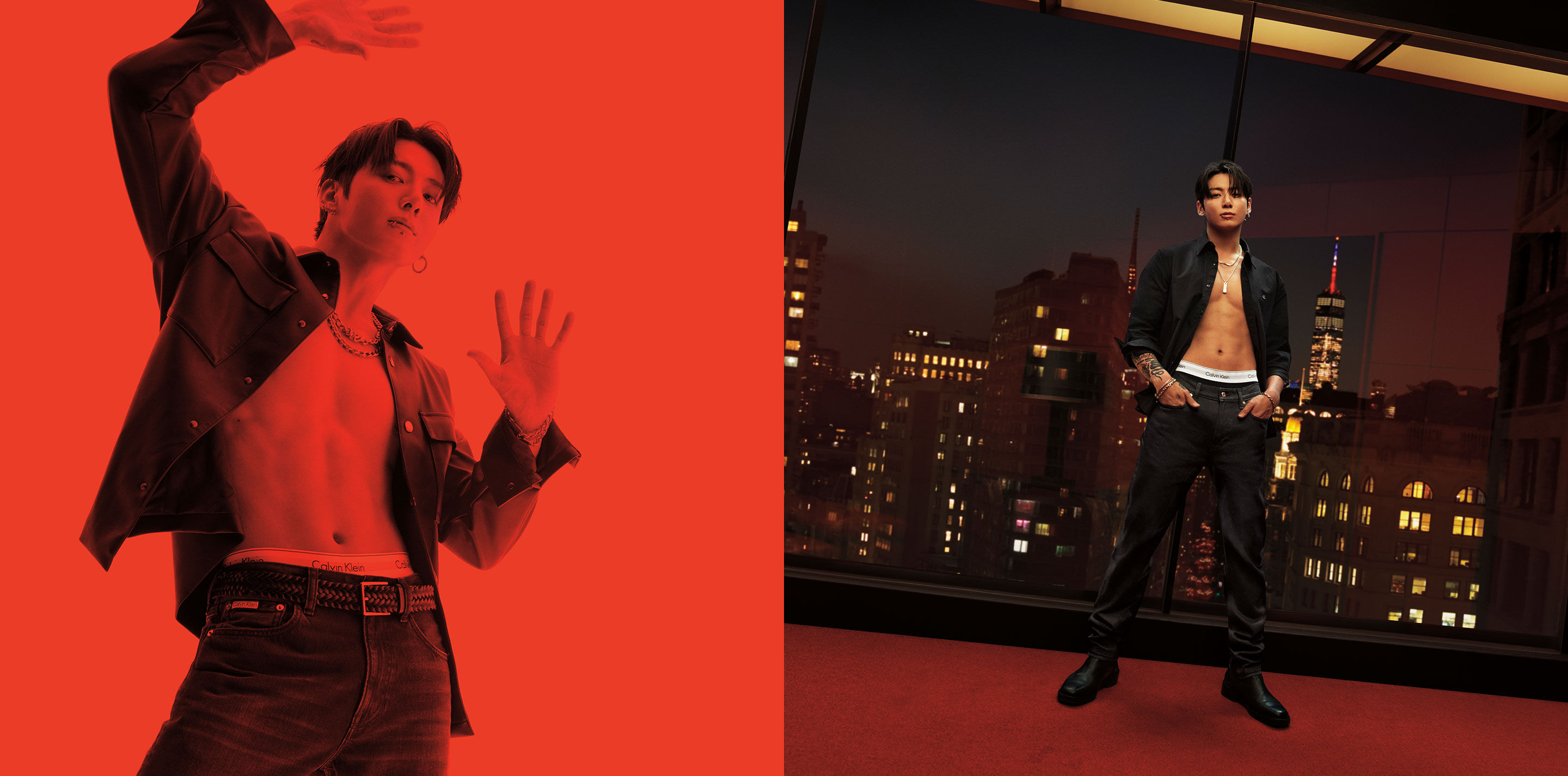 Calvin Klein featuring Jung Kook - Getting Warmer Layer up for the holiday,   the shirt left undone for a flash of skin