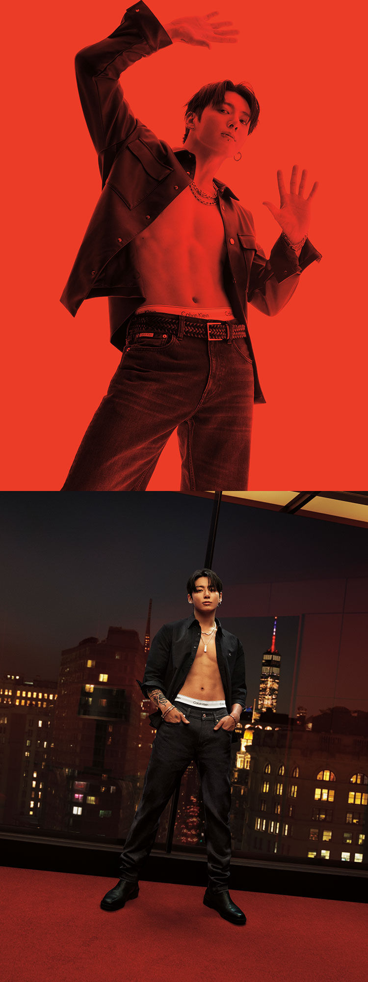 Calvin Klein featuring Jung Kook - Getting Warmer Layer up for the holiday,   the shirt left undone for a flash of skin