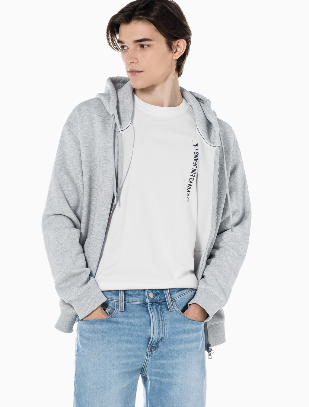 Buy 남녀공용 릴렉스핏 모노그램 집업 후디 in color LIGHT GREY HEATHER