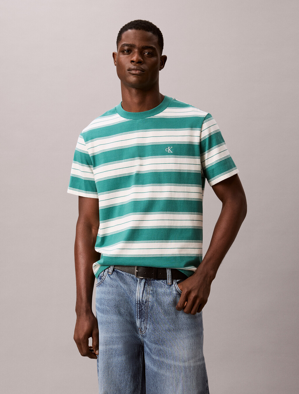 Buy 이지 저지 스트라이프 크루넥 티 in color Blue Green