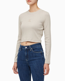 Buy 여성 롱슬리브 모노그램 베이비 티 in color BEIGE