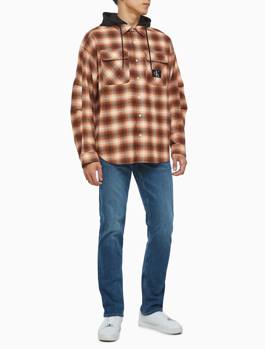 Buy 남성 롱슬리브 후디 플래드 오버셔츠 in color DARK BROWN