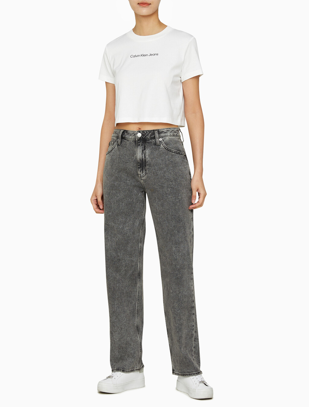 Buy 여성 90's 스트레이트핏 그레이 데님 in color GREY STEPPED RELEASE HEM