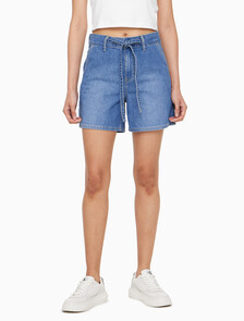 Buy 여성 하이라이즈 와이드 레그 데님 쇼츠 in color MID BLUE BACK EMBRO