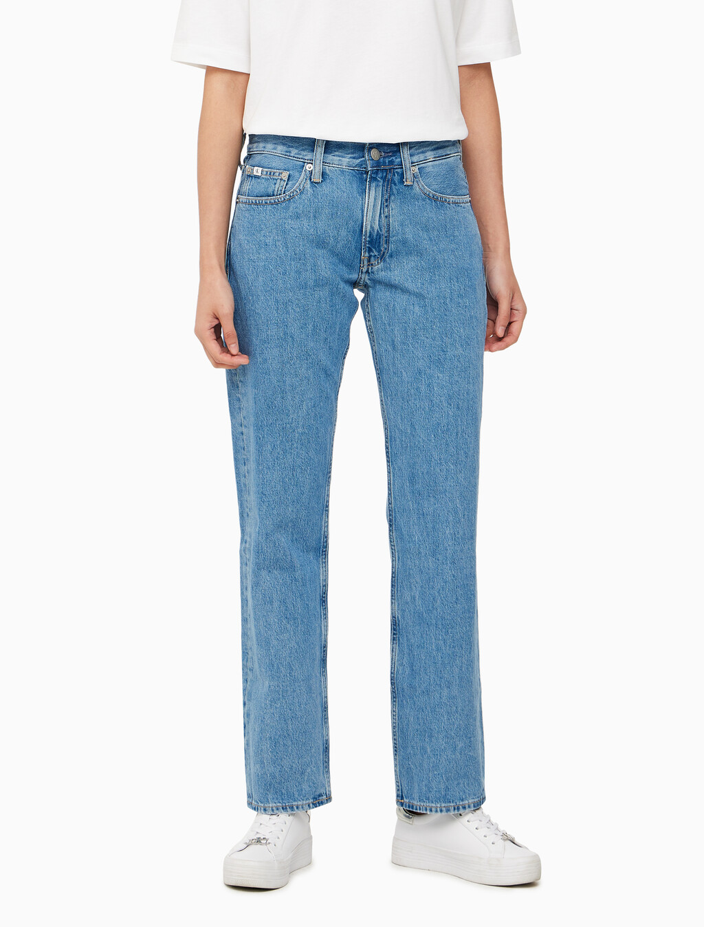 Buy 여성 로우라이즈 스트레이트핏 미드블루 데님 in color MID BLUE BACK EMBRO