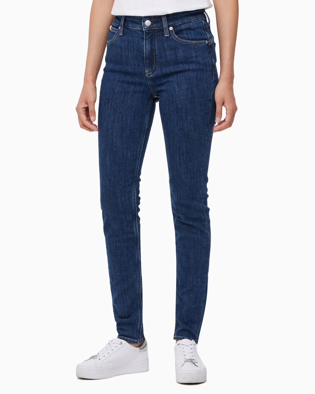 Buy 여성 하이라이즈 스키니핏 기모 미드블루 데님 in color MID BLUE BACK EMBRO