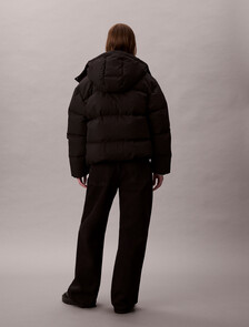 Buy 여성 미드 랭스 후드 다운 in color BLACK