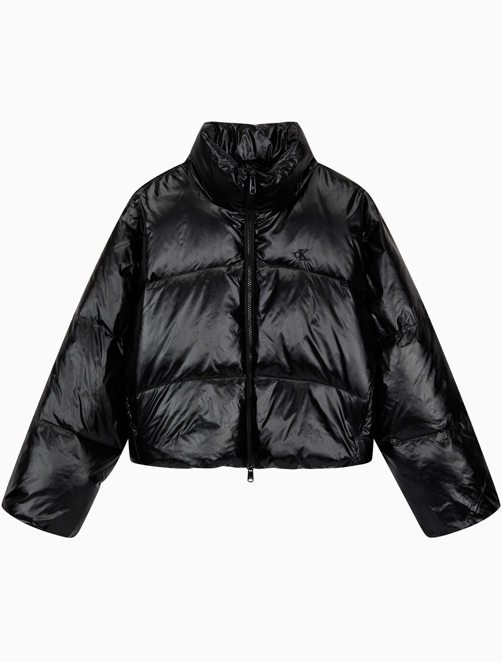 Buy 여성 크롭 글로시 커브드 퀼팅 다운 푸퍼 in color CK BLACK