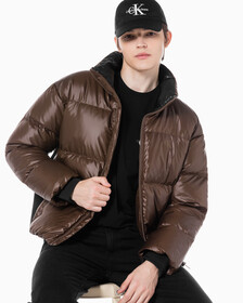 Buy 남녀공용 글로시 숏 푸퍼 in color DARK BROWN