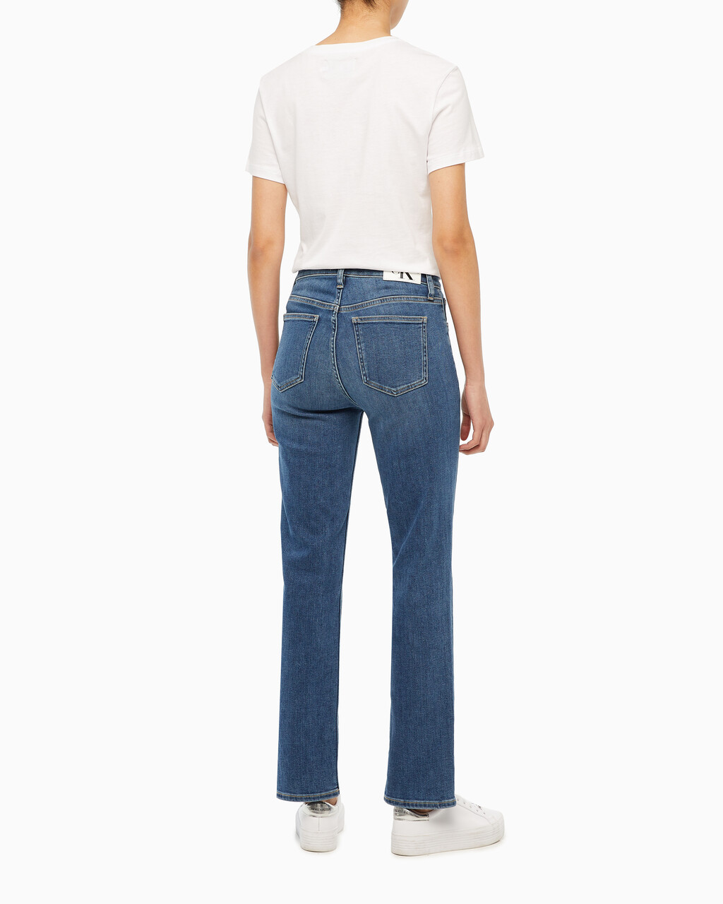 Buy 여성 하이라이즈 슬림 스트레이트핏 다크블루 데님 in color MID BLUE BACK EMBRO