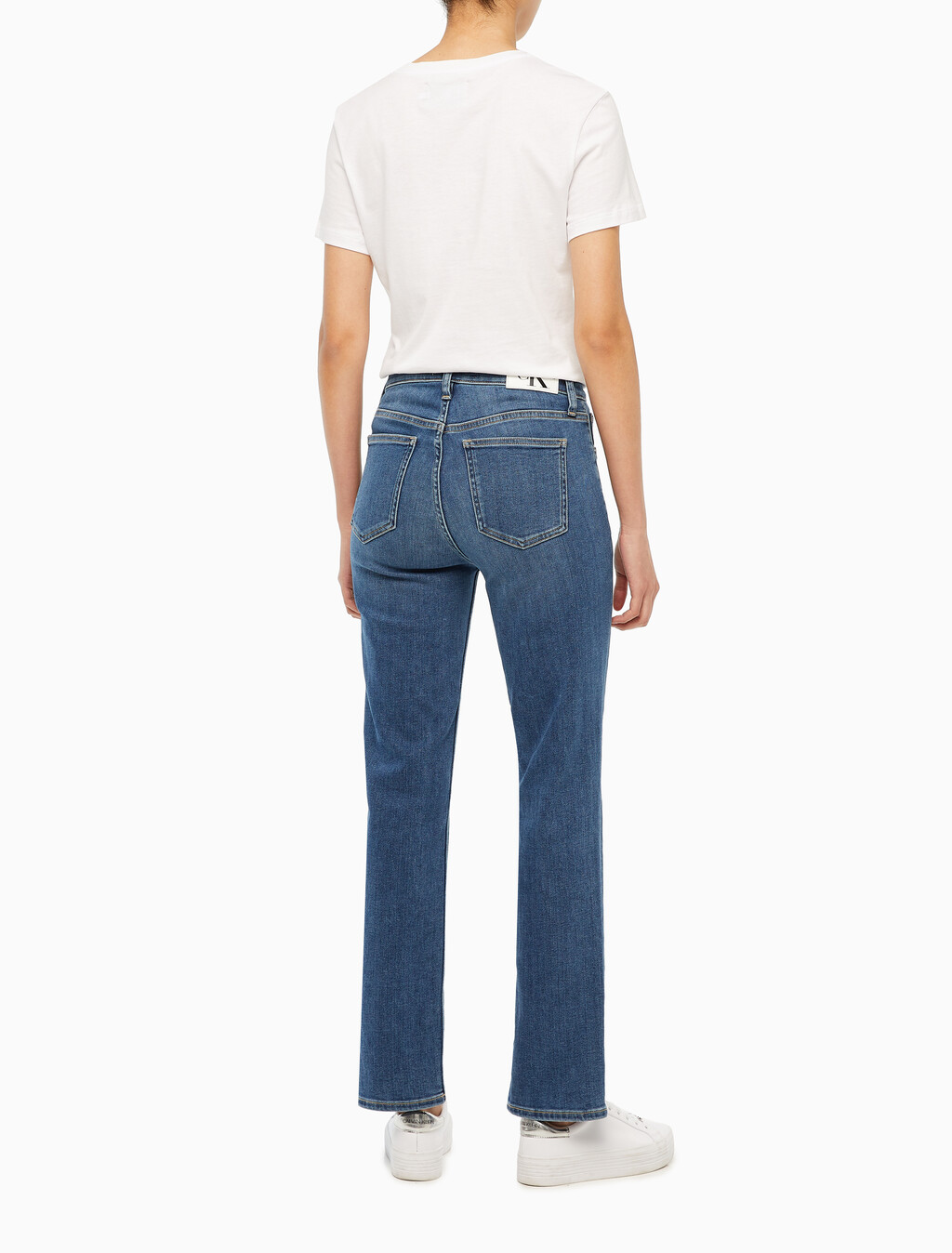Buy 여성 하이라이즈 슬림 스트레이트핏 다크블루 데님 in color MID BLUE BACK EMBRO