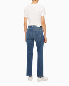 Buy 여성 하이라이즈 슬림 스트레이트핏 다크블루 데님 in color MID BLUE BACK EMBRO