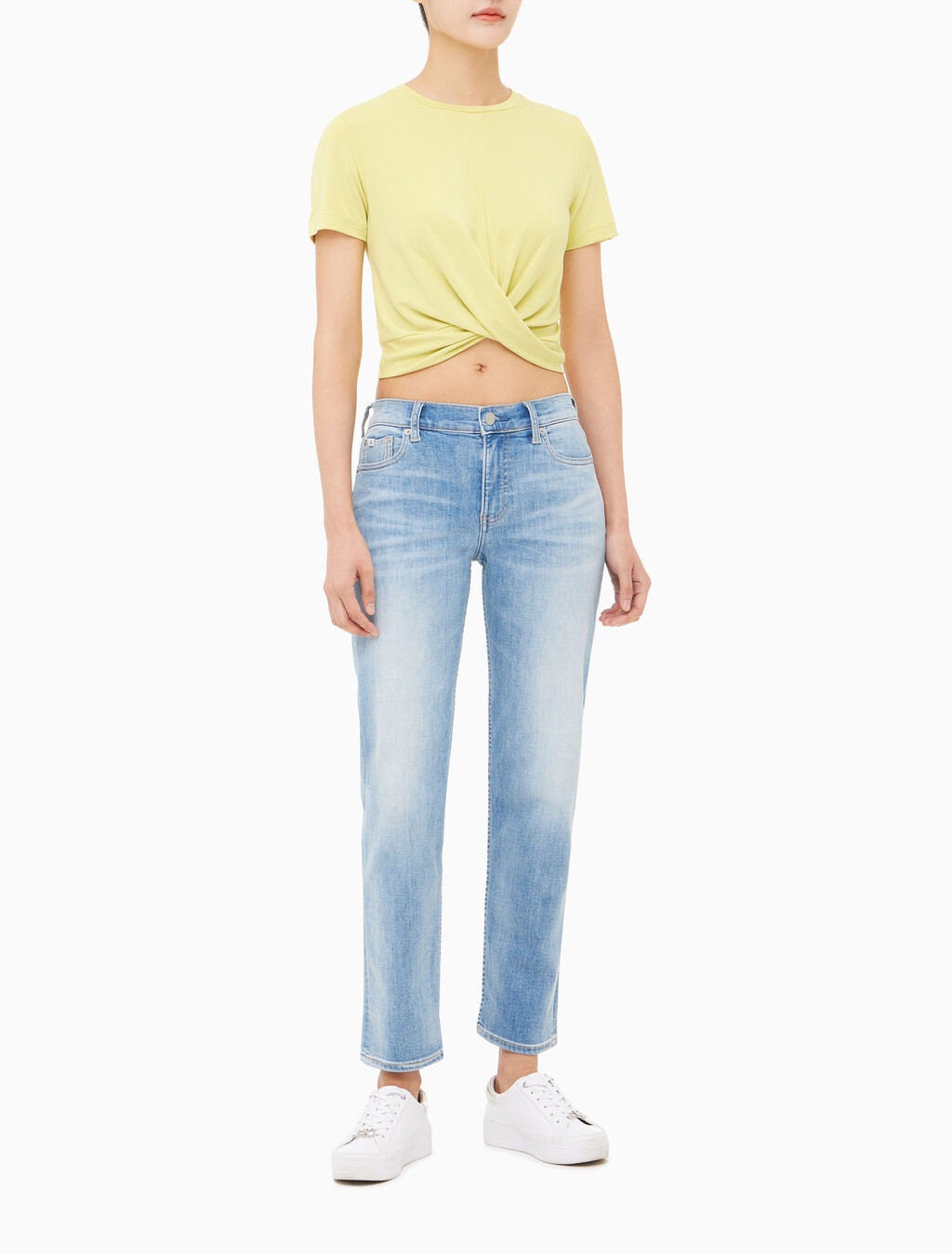 Buy 여성 트위스트 크롭 반팔티 in color YELLOW SAND