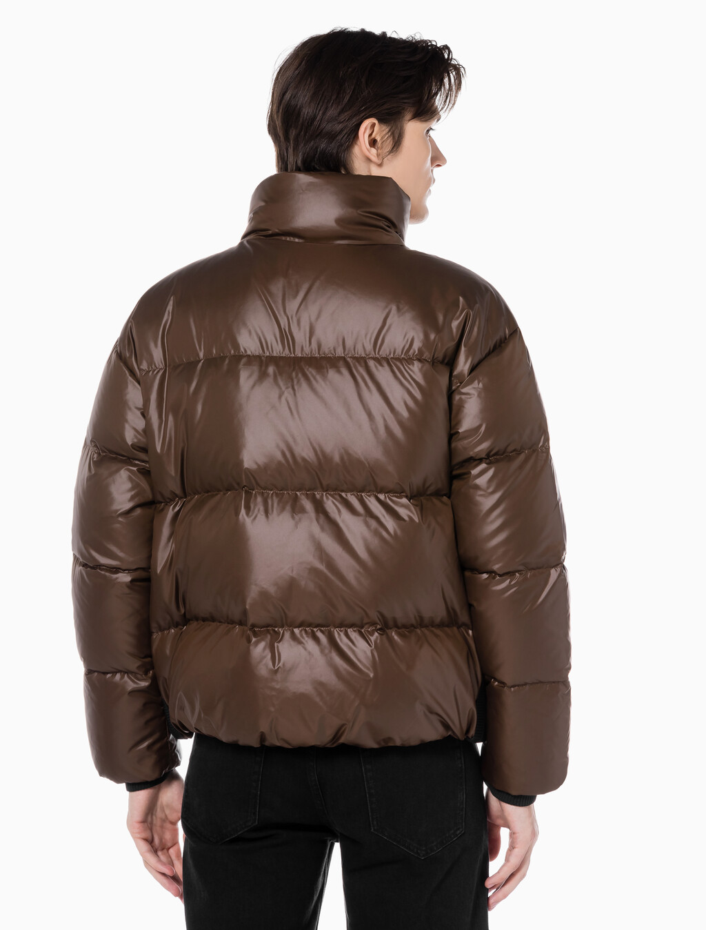 Buy 남녀공용 글로시 숏 푸퍼 in color DARK BROWN