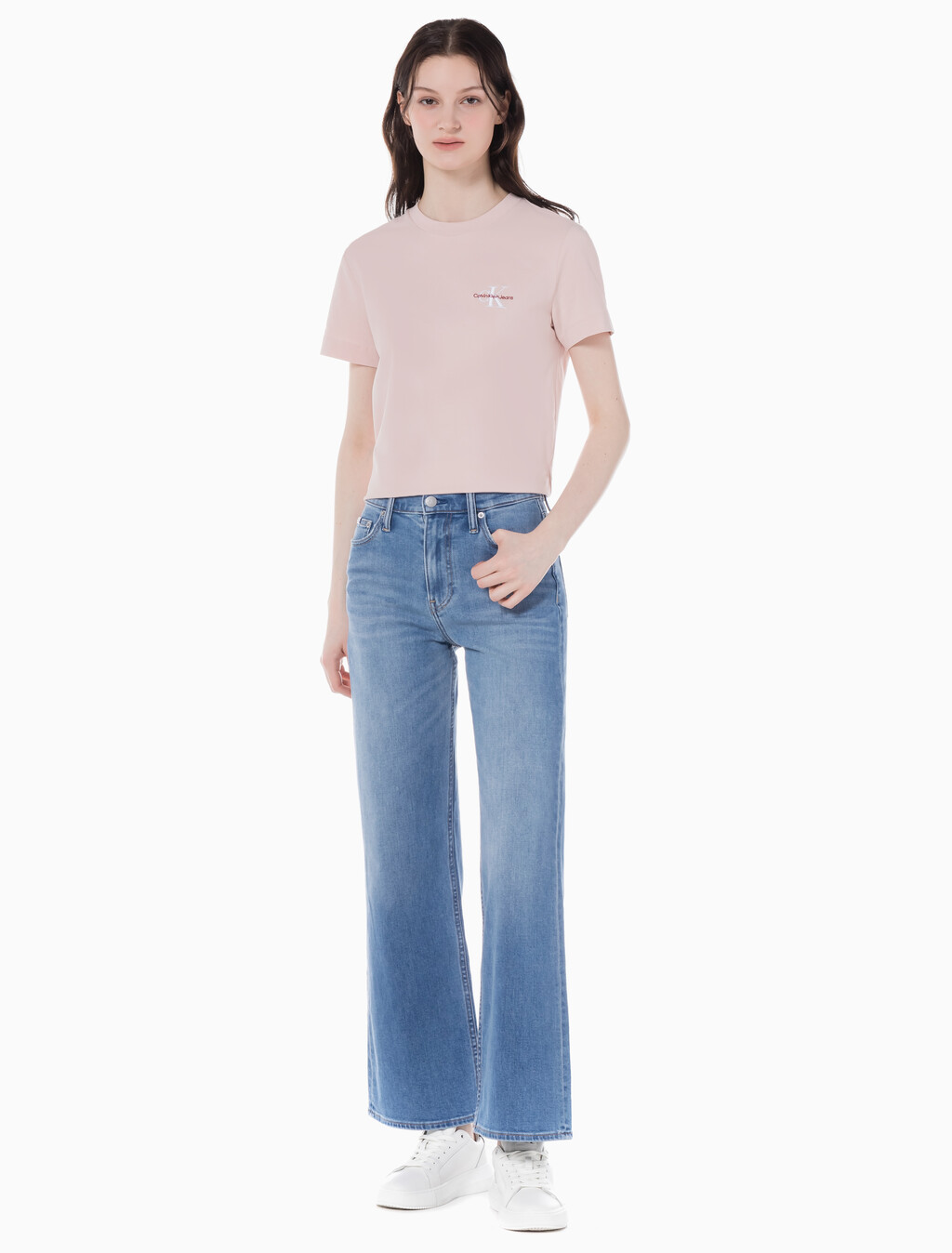 Buy 여성 하이라이즈 와이드핏 미드블루 37.5 기능성 데님 in color MID BLUE BACK EMBRO