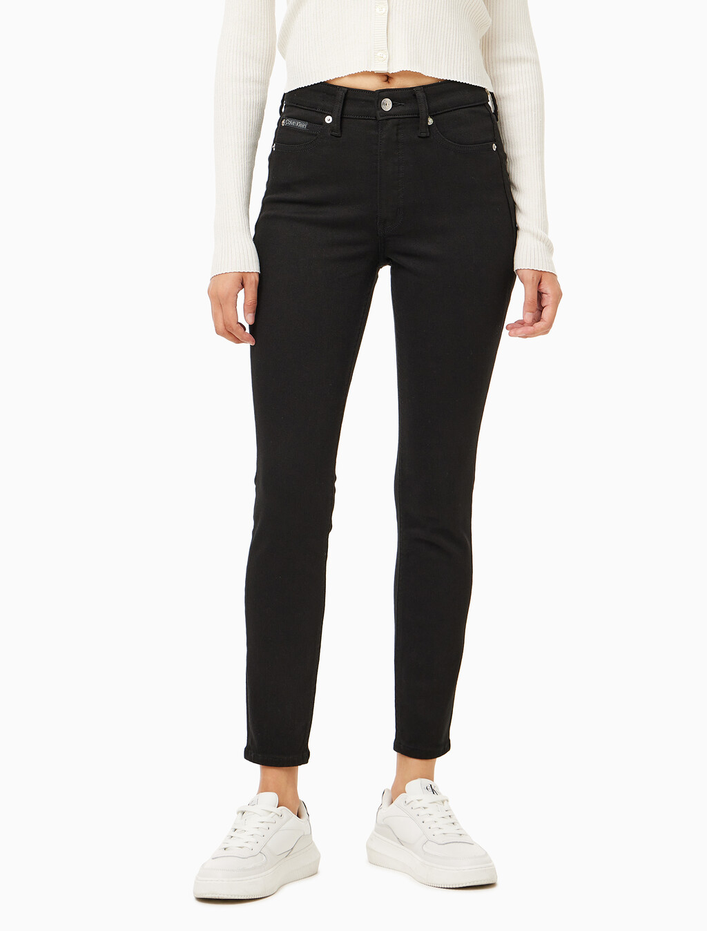 Buy 여성 하이라이즈 스키니 앵클핏 블랙 데님 in color WASHED BLACK LOGO LACE