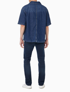 Buy 남성 다크블루 코튼 린넨 반팔 데님 셔츠 in color NILE BLUE