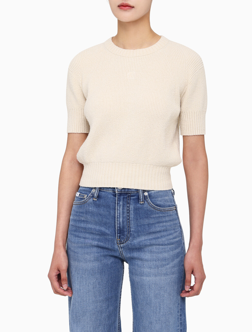 Buy 여성 벌룬 반팔 니트 탑 in color BLUR FLORAL_BLACK