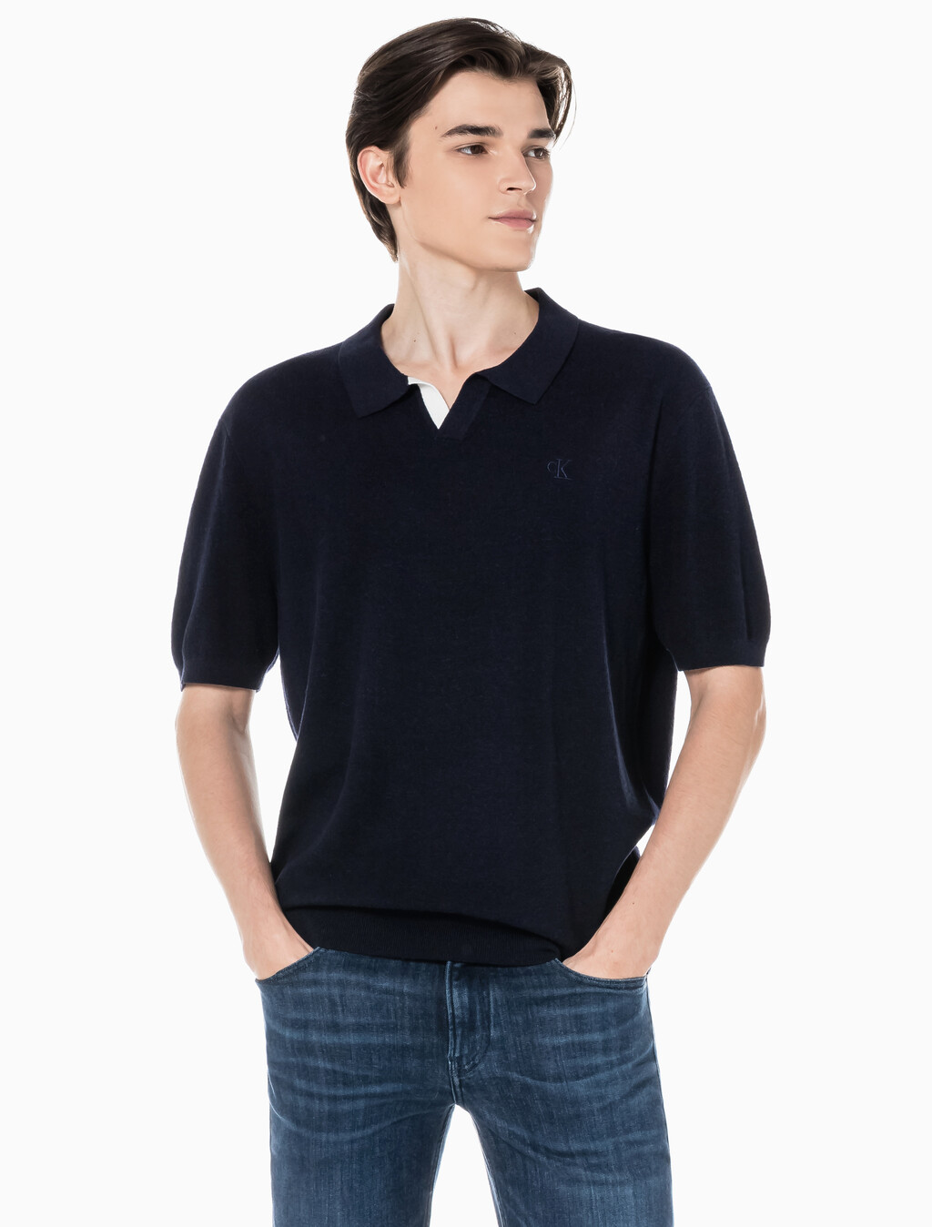 Buy 남성 엠브로이더리 로고 폴로 반팔 스웨터 in color NIGHT SKY