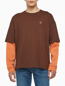 Buy 남성 롱슬리브 패션 레이어드 티 in color DARK BROWN