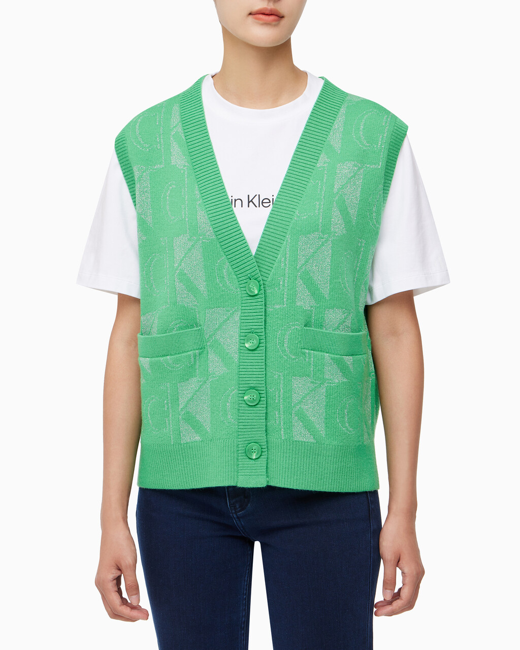 Buy 여성 프리미엄 라인 메탈릭 올오버프린트 베스트 in color GREEN
