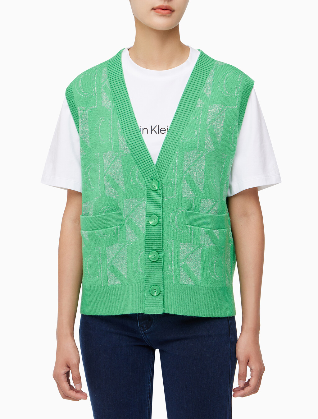 Buy 여성 프리미엄 라인 메탈릭 올오버프린트 베스트 in color GREEN