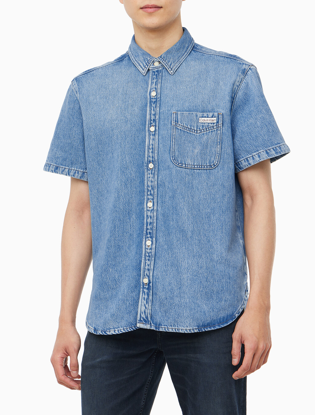 Buy 남성 블루 텐셀 반팔 데님 셔츠 in color BLUE RETROGRADE