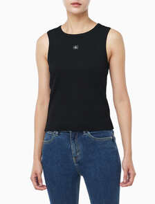 Buy 여성 우븐라벨 코튼 립 탱크 탑 in color BLACK