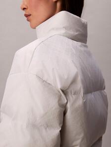 Buy 여성 AOP 로고 자카드 다운 자켓 in color silver