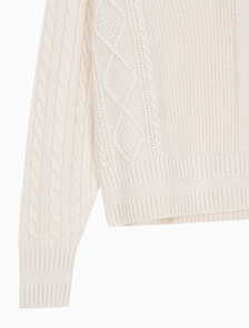 Buy 여성 케이블 인터레스트 브이넥 풀오버 울 스웨터 in color BLUR FLORAL_BLACK