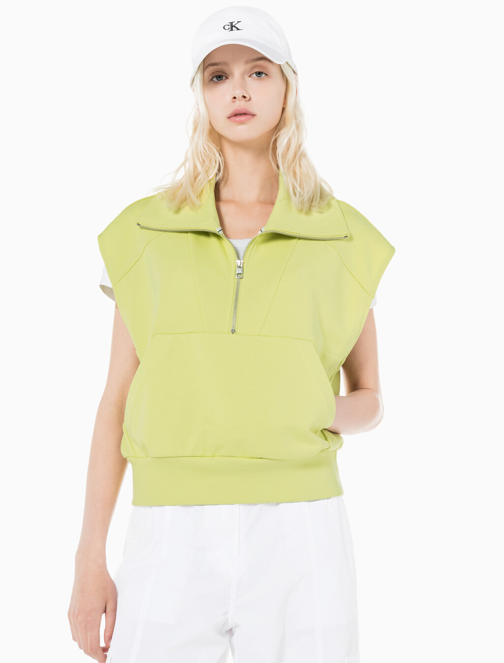 Buy 여성 드롭숄더 하프집업 슬리브리스 니트탑 in color YELLOW SAND