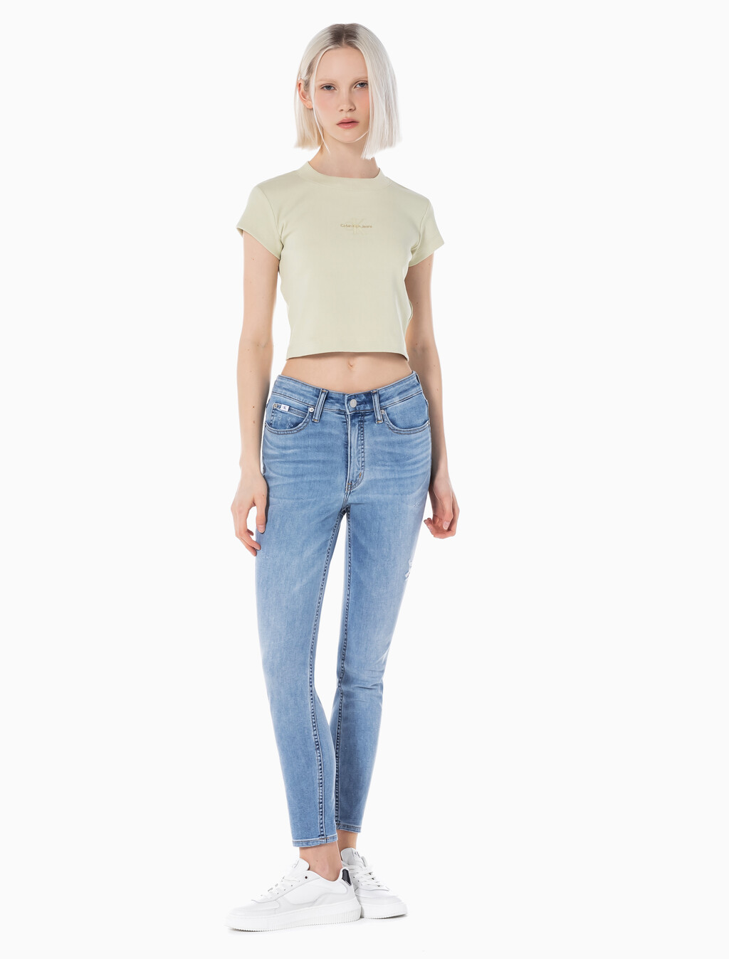 Buy 여성 하이라이즈 스키니핏 앵클 미드블루 에코 쿨 데님 in color MID BLUE BACK EMBRO
