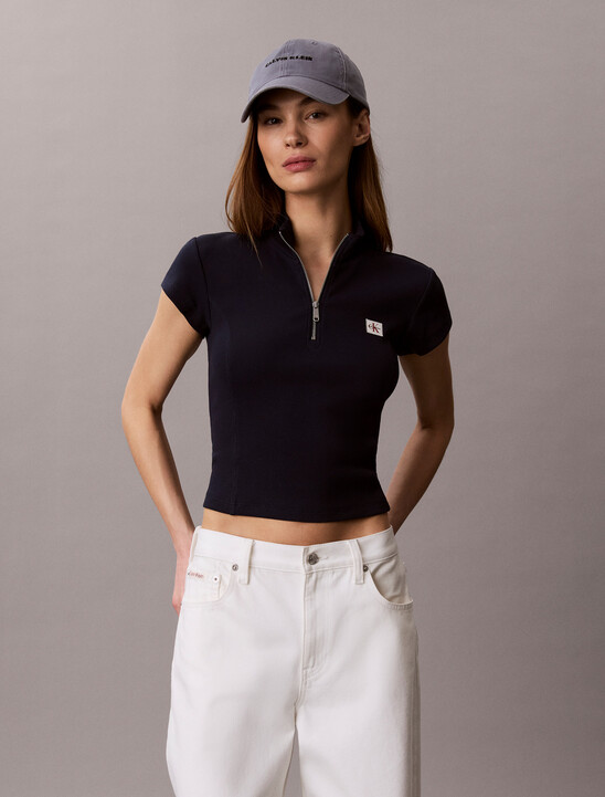 여성 우븐라벨 베이비립 집 목크넥 티