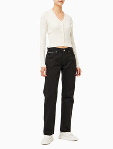 Buy 여성 로우라이즈 스트레이트핏 블랙 데님 in color WASHED BLACK LOGO LACE