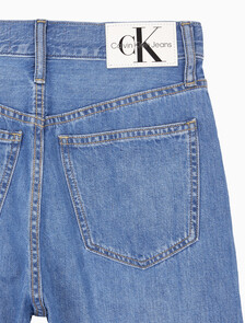 Buy 여성 하이라이즈 와이드핏 미드블루 텐셀 데님 in color MID BLUE BACK EMBRO