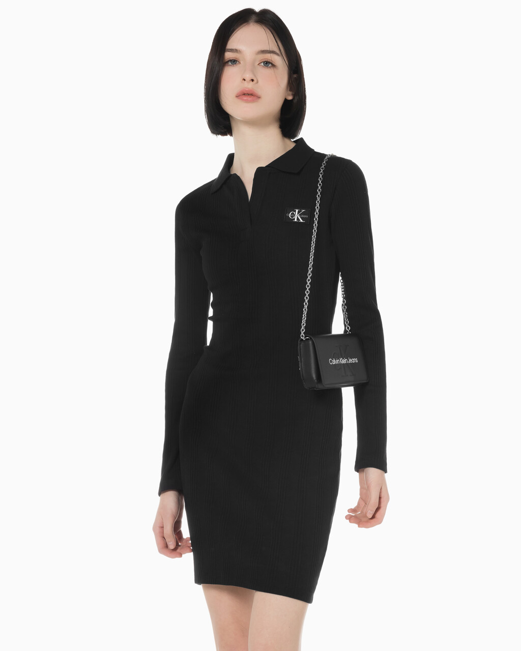Buy 여성 모노그램 로고 뱃지 폴로 카라 립 원피스 in color CK BLACK