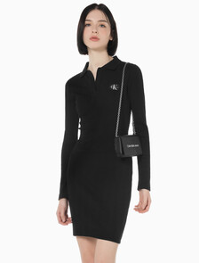 Buy 여성 모노그램 로고 뱃지 폴로 카라 립 원피스 in color CK BLACK