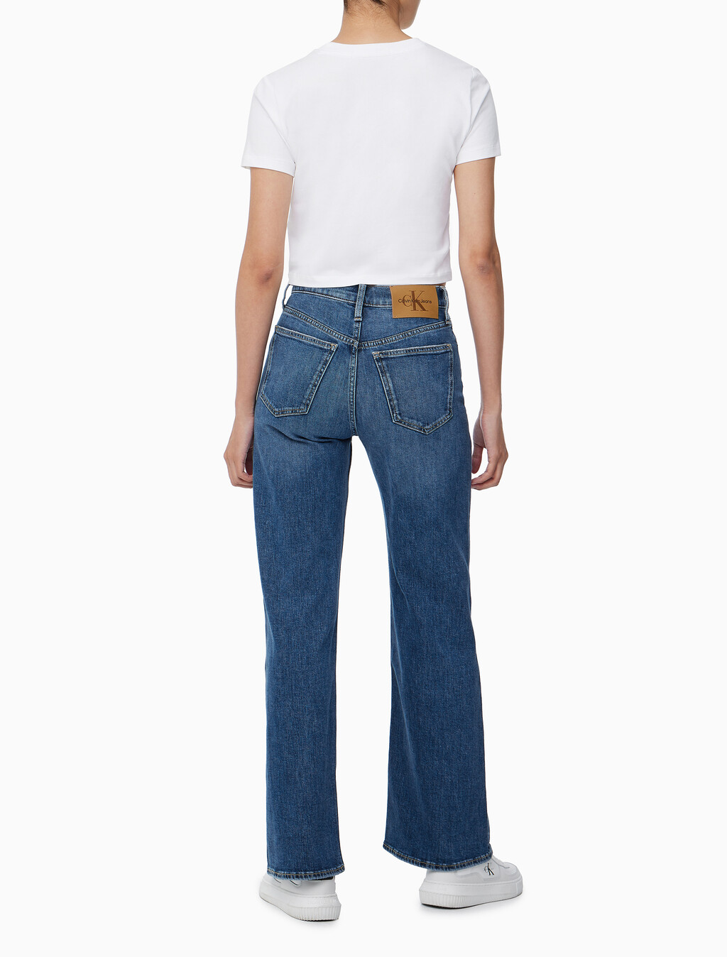 Buy 여성 하이라이즈 와이드핏 미드블루 데님 in color MID BLUE BACK EMBRO