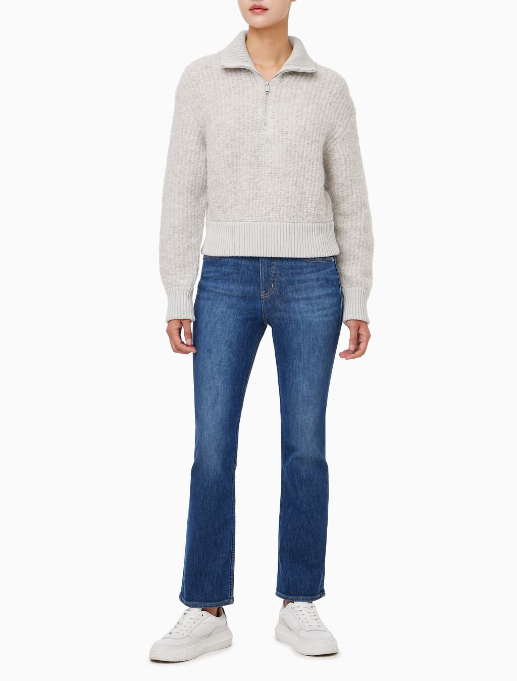 Buy 여성 크롭 하프 집 울 스웨터 in color LIGHT GREY HEATHER