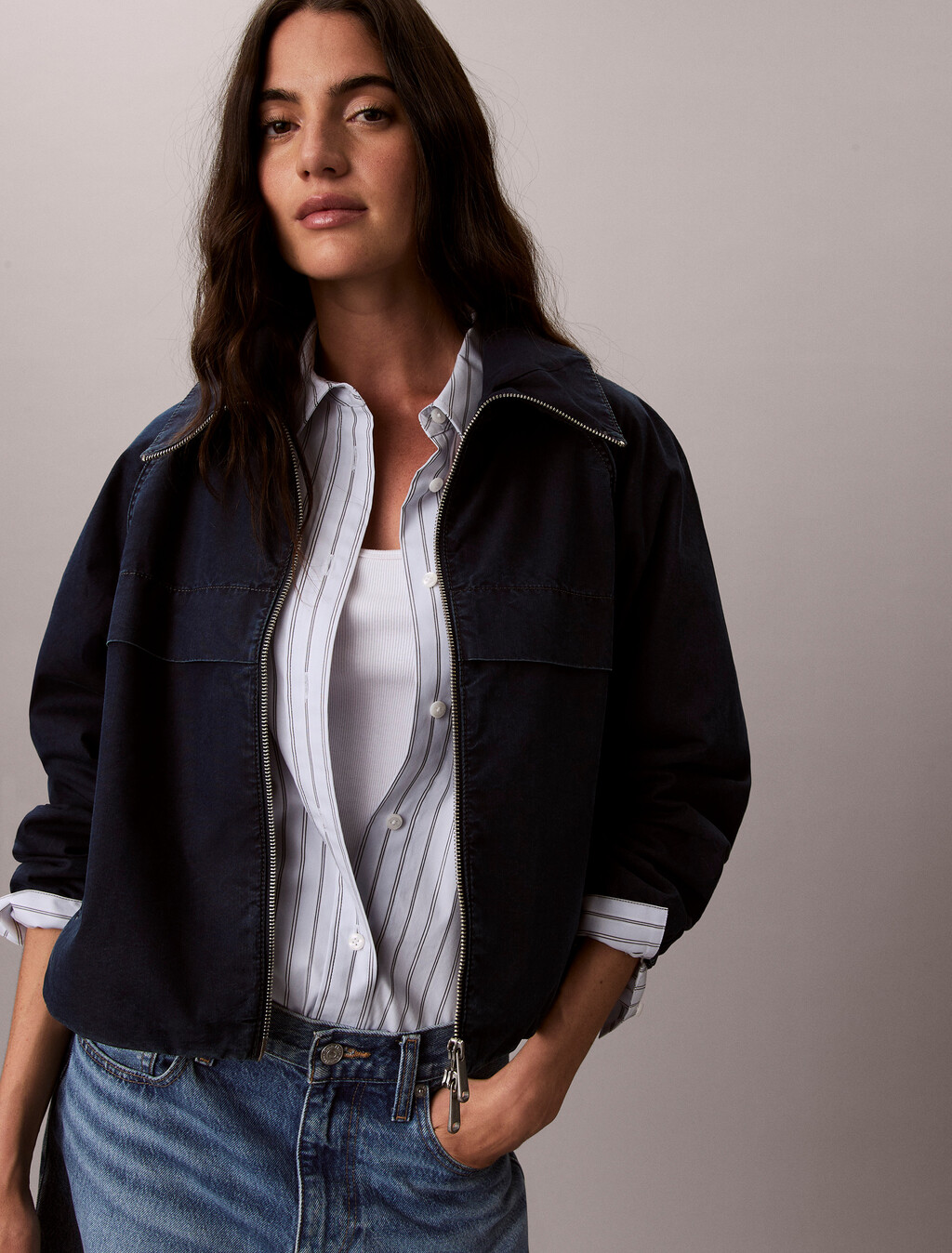 Buy 여성 데님 나일론 자켓 in color Dark Blue