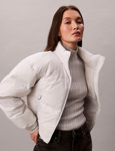 Buy 여성 AOP 로고 자카드 다운 자켓 in color silver