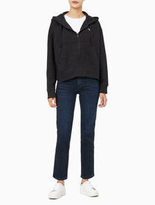 Buy 여성 아카이브 릴렉스핏 CK 스몰 로고 크롭 기모 후드 집업 in color BLACK BEAUTY