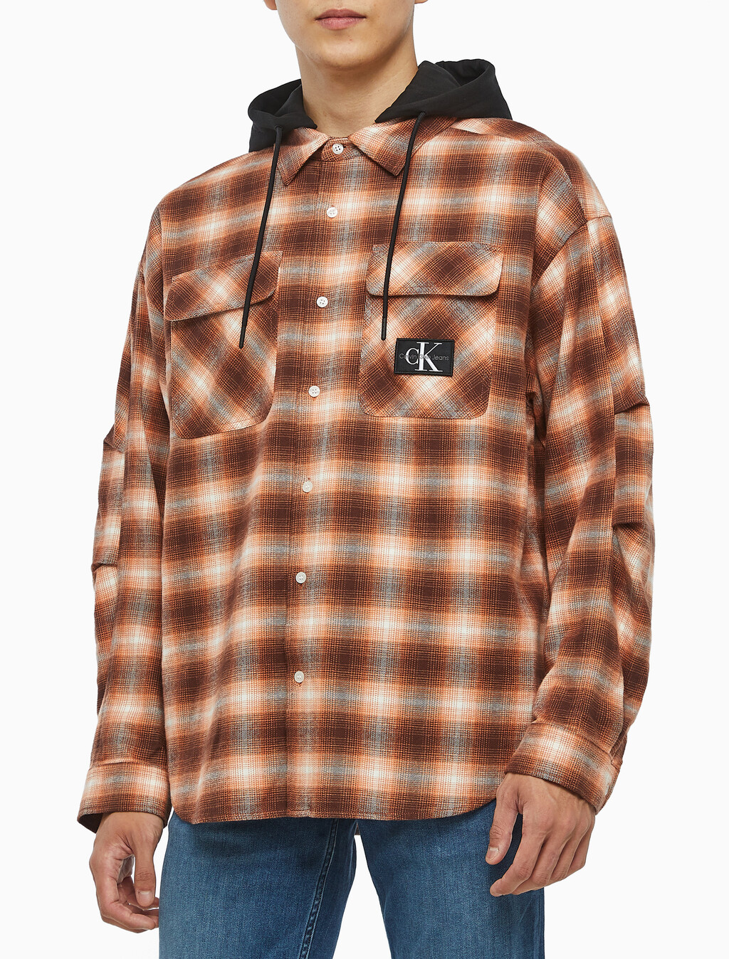 Buy 남성 롱슬리브 후디 플래드 오버셔츠 in color DARK BROWN