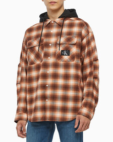 Buy 남성 롱슬리브 후디 플래드 오버셔츠 in color DARK BROWN