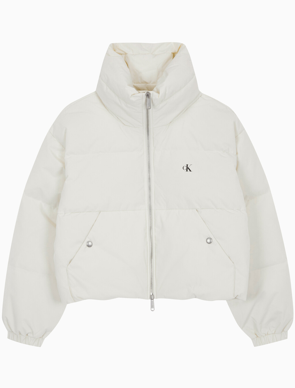 Buy 여성 볼륨 넥 크롭 다운 푸퍼 in color WHITE
