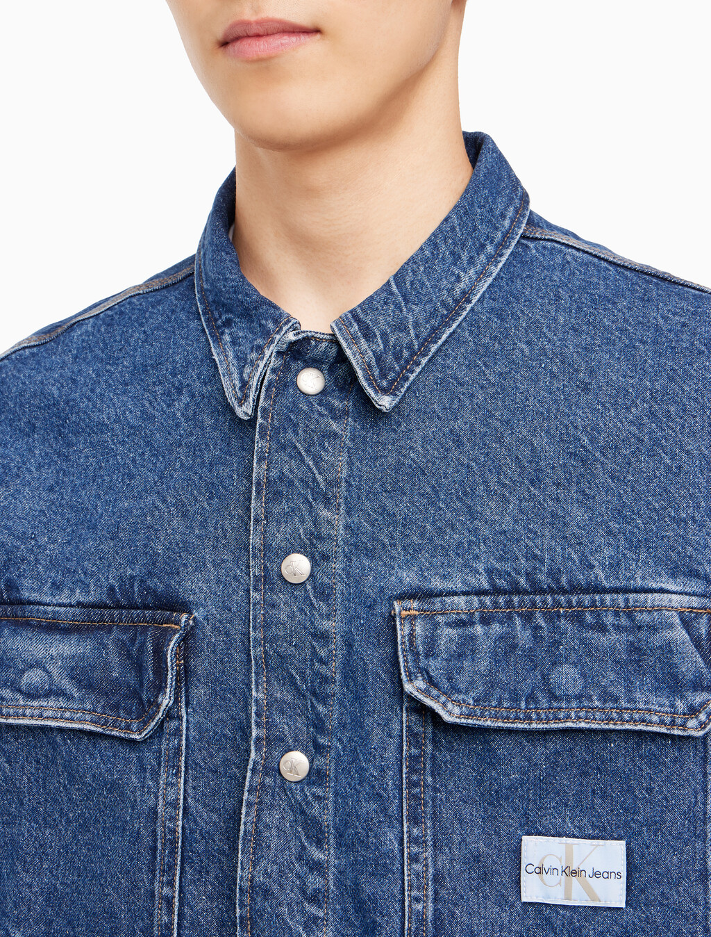 Buy 남성 루즈핏 박시 유틸리티 데님 셔츠 in color BLUE BLACK HANGER LOOP