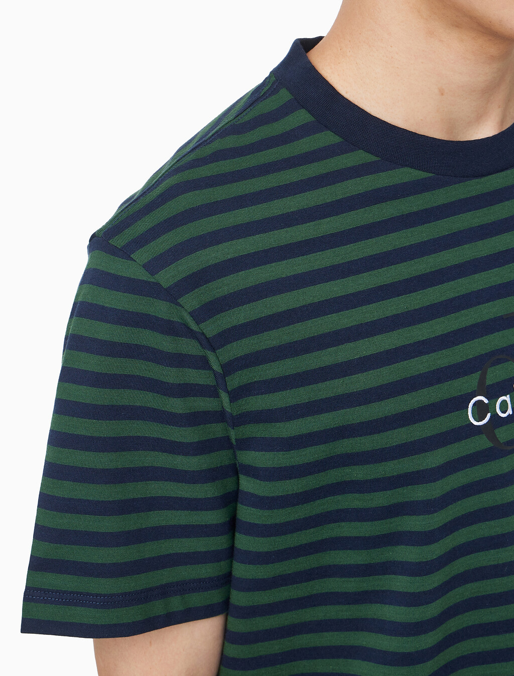 Buy 남성 스트라이프 모노그램 로고 반팔 티셔츠 in color Navy