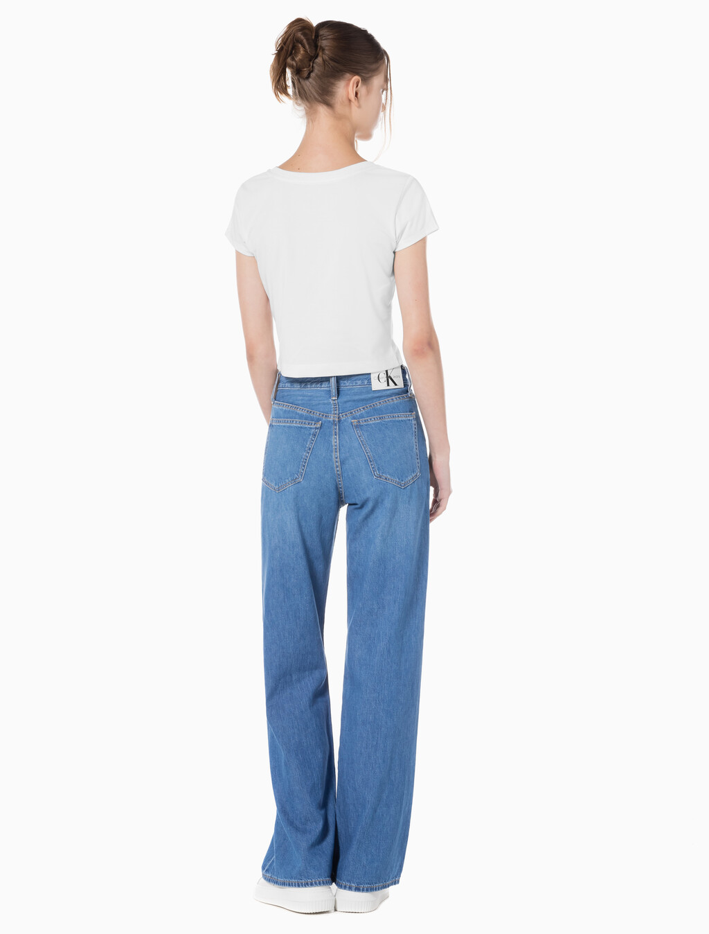 Buy 여성 하이라이즈 와이드핏 미드블루 텐셀 데님 in color MID BLUE BACK EMBRO