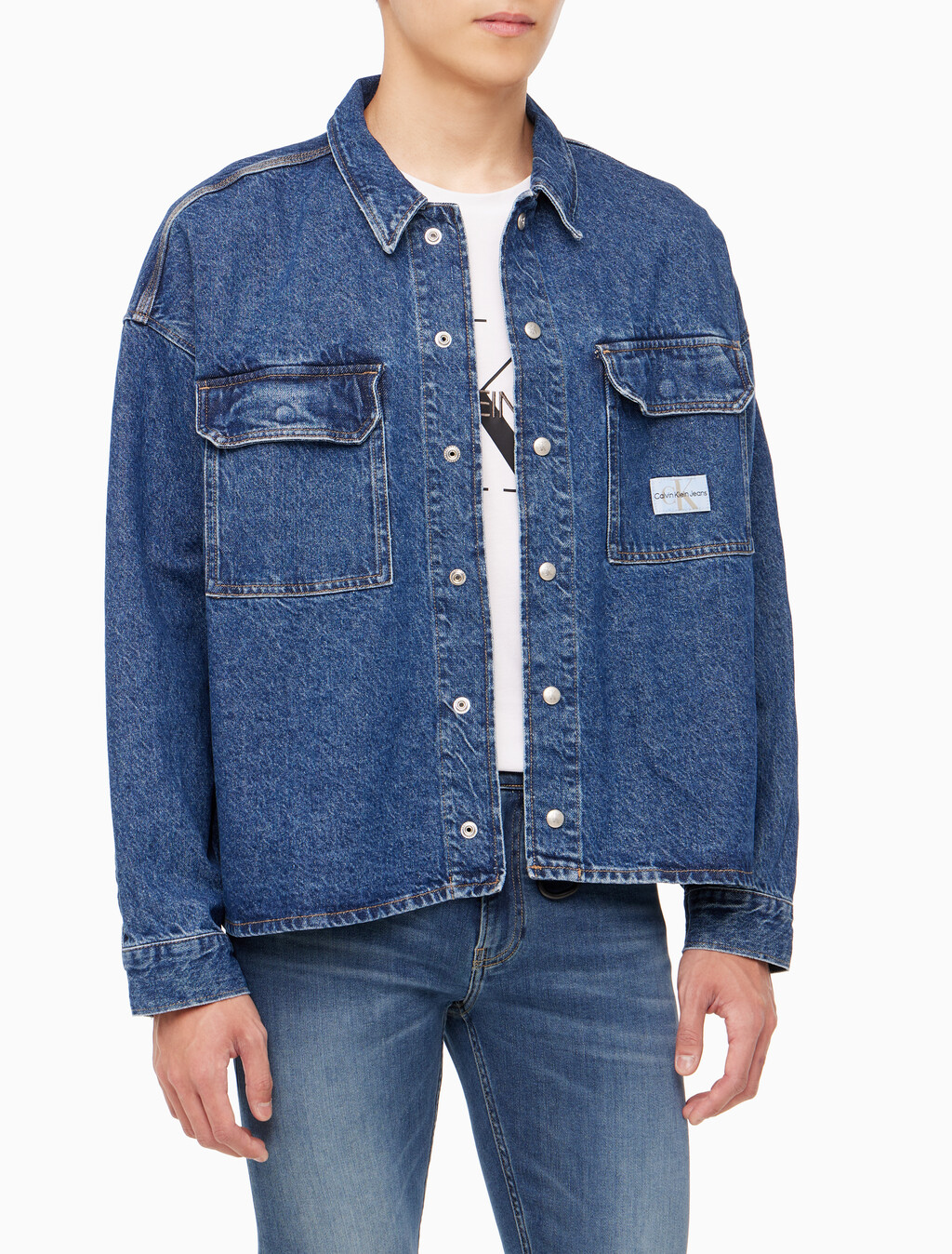 Buy 남성 루즈핏 박시 유틸리티 데님 셔츠 in color BLUE BLACK HANGER LOOP