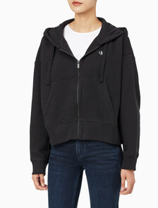 Buy 여성 아카이브 릴렉스핏 CK 스몰 로고 크롭 기모 후드 집업 in color BLACK BEAUTY